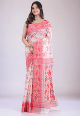 White Dhakai Jamdani Cotton Saree without Blouse Piece - Adi Akshoy & Co.