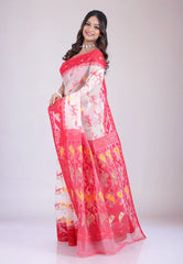 White Dhakai Jamdani Cotton Saree without Blouse Piece - Adi Akshoy & Co.