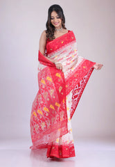 White Dhakai Jamdani Cotton Saree without Blouse Piece - Adi Akshoy & Co.