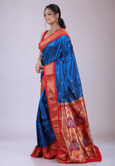 Peacock Blue Pure Paithani Silk Saree With Blouse Piece - Adi Akshoy & Co.