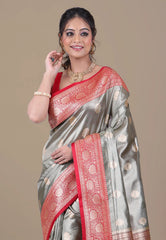 Silver Grey Tissue Silk Saree with Blouse Piece - Adi Akshoy & Co.