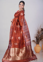Maroon Pure Tussar Silk Saree with Blouse Piece - Adi Akshoy & Co.