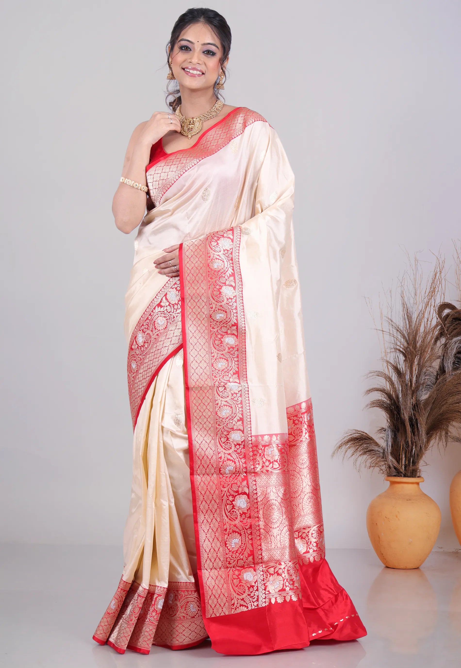 Beige Pure Katan Silk Saree with Blouse Piece - Adi Akshoy & Co.