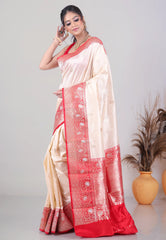 Beige Pure Katan Silk Saree with Blouse Piece - Adi Akshoy & Co.