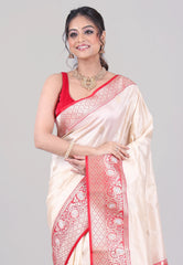 Beige Pure Katan Silk Saree with Blouse Piece - Adi Akshoy & Co.