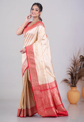 Beige Pure Katan Silk Saree with Blouse Piece - Adi Akshoy & Co.