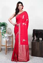 Red Mashru Silk Saree with Blouse Piece - Adi Akshoy & Co.