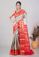 Gray Pure Kanjivaram Silk Saree with Blouse Piece - Adi Akshoy & Co.