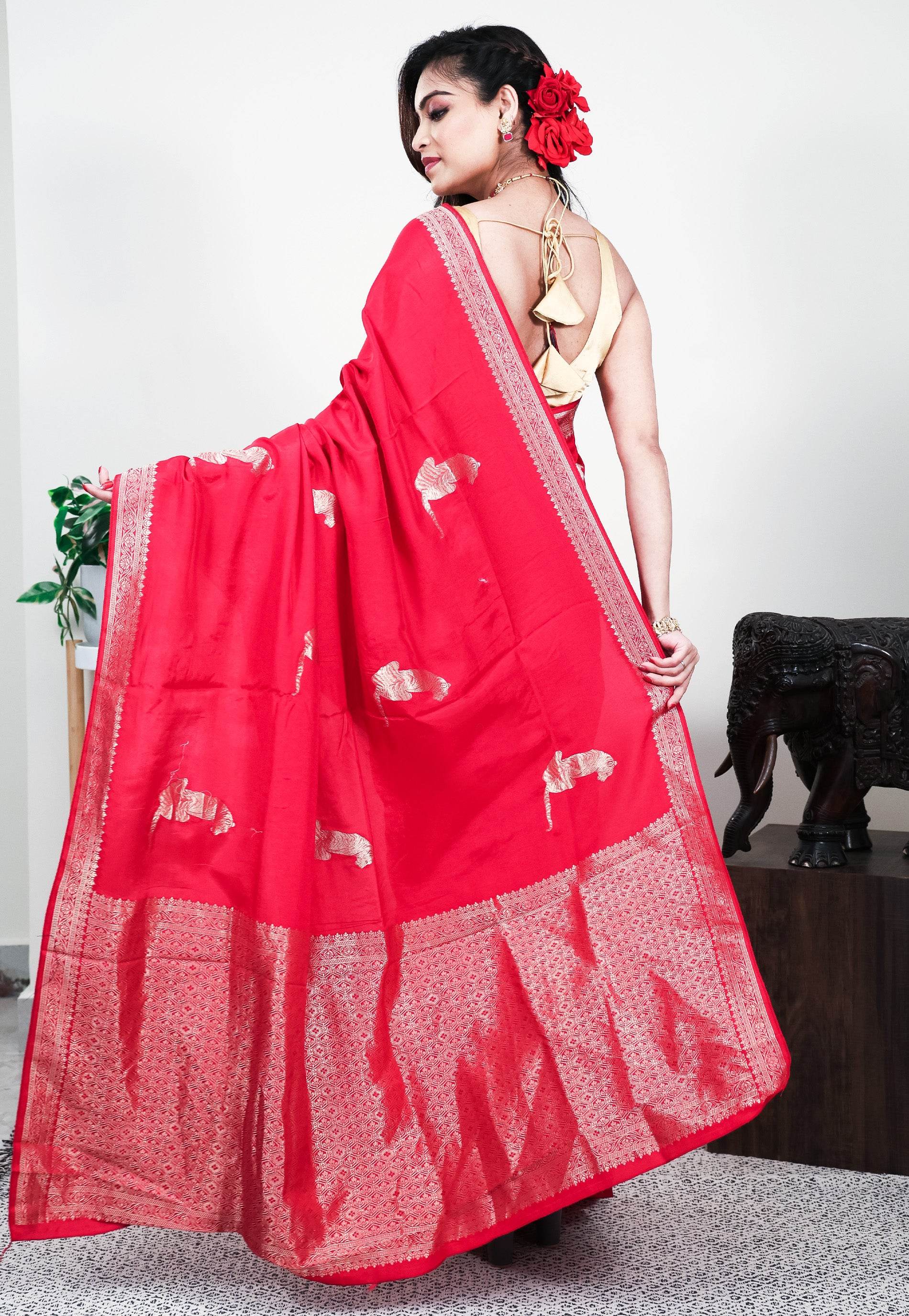 Red Mashru Silk Saree with Blouse Piece - Adi Akshoy & Co.