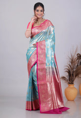 Sea Blue Tissue Silk Saree with Blouse Piece - Adi Akshoy & Co.
