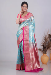 Sea Blue Tissue Silk Saree with Blouse Piece - Adi Akshoy & Co.