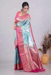 Sea Blue Tissue Silk Saree with Blouse Piece - Adi Akshoy & Co.