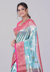 Sea Blue Tissue Silk Saree with Blouse Piece - Adi Akshoy & Co.