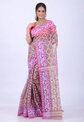 Brown Dhakai Jamdani Cotton Saree without Blouse Piece - Adi Akshoy & Co.