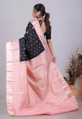 Black Pure Kanjivaram Silk Saree with Blouse Piece - Adi Akshoy & Co.