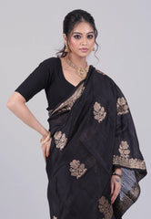 Black Pure Tussar Silk Saree with Blouse Piece - Adi Akshoy & Co.