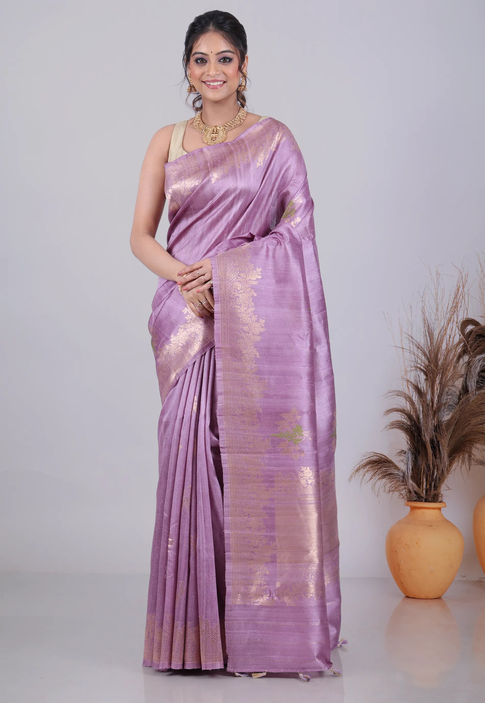 Purple Pure Tussar Silk Saree with Blouse Piece - Adi Akshoy & Co.