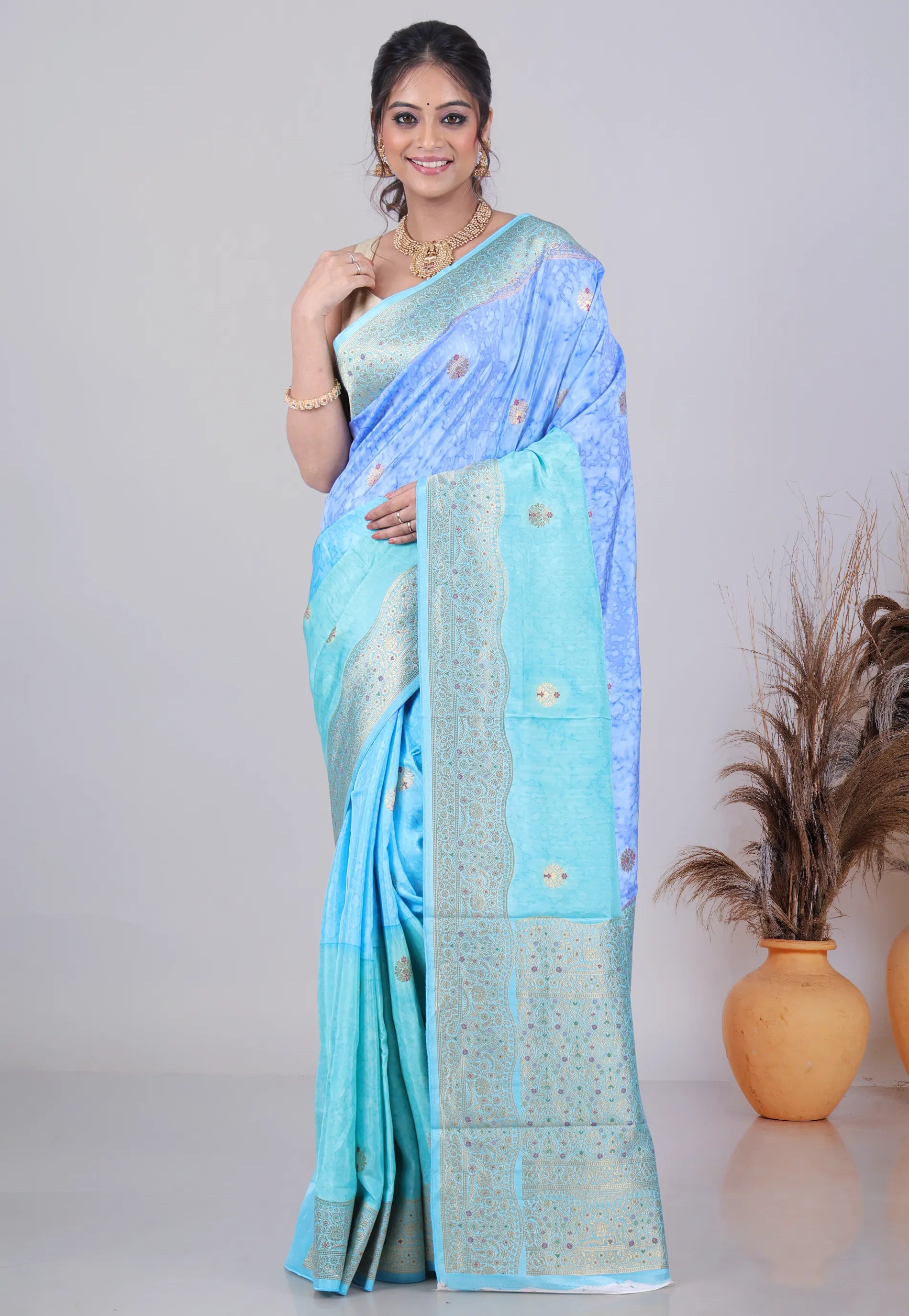 Blue & Sea Blue Mashru Silk Saree with Blouse Piece - Adi Akshoy & Co.
