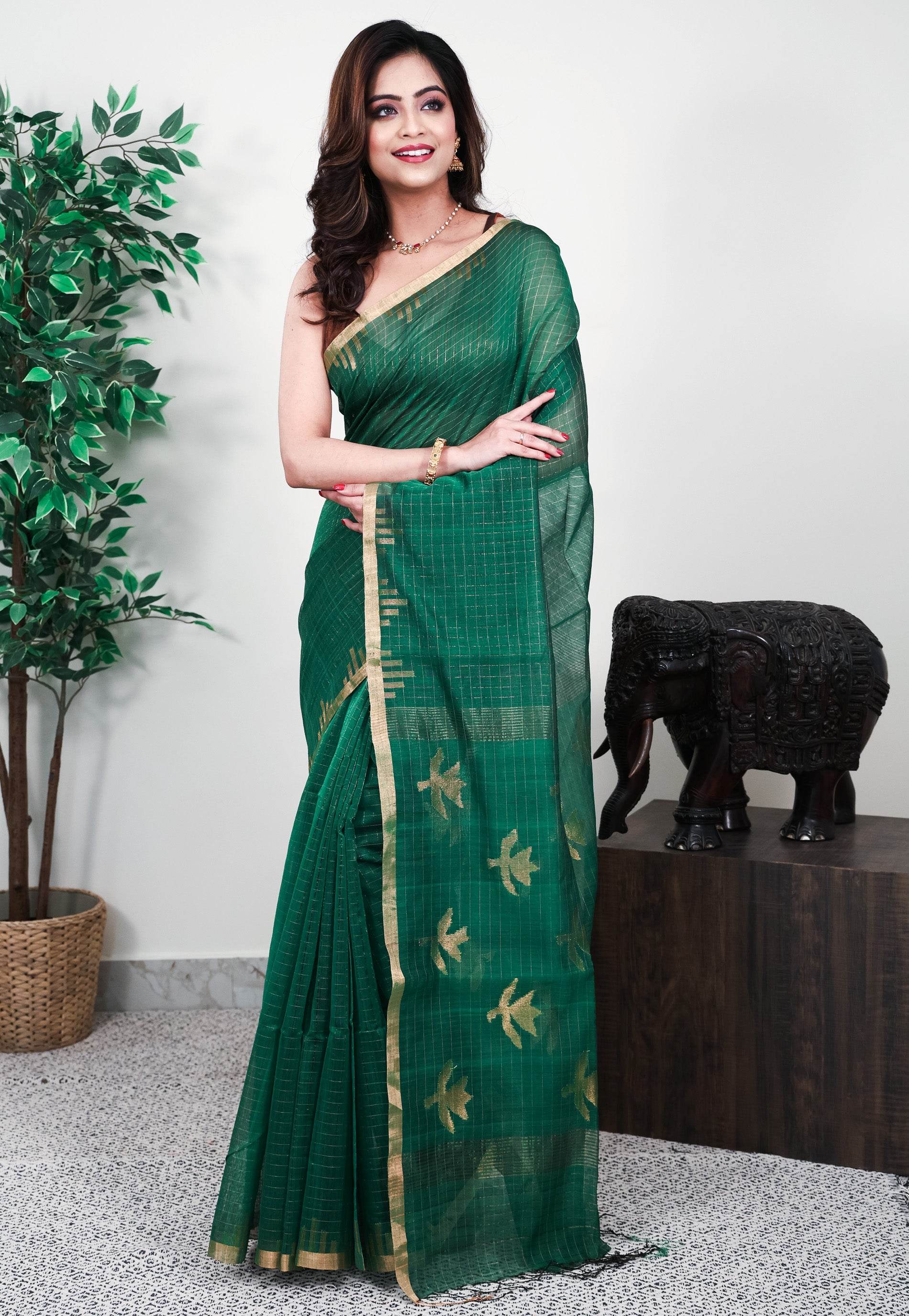 Bottle Green Kora Handloom Pure Silk Saree With Blouse Piece - Adi Akshoy & Co.