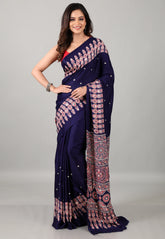 Navy Blue Mirror Work Modal Silk Saree With Blouse Piece - Adi Akshoy & Co.