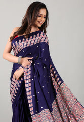 Navy Blue Mirror Work Modal Silk Saree With Blouse Piece - Adi Akshoy & Co.