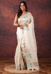 Cream Kantha Silk Saree With Blouse Piece - Adi Akshoy & Co.