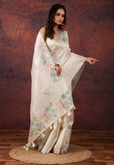 Cream Kantha Silk Saree With Blouse Piece - Adi Akshoy & Co.