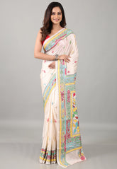 White Kantha Silk Saree With Blouse Piece - Adi Akshoy & Co.