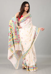 White Kantha Silk Saree With Blouse Piece - Adi Akshoy & Co.