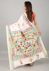 White Kantha Silk Saree With Blouse Piece - Adi Akshoy & Co.