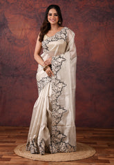 Silver Colour Tissue Kantha Silk Saree With Blouse Piece - Adi Akshoy & Co.
