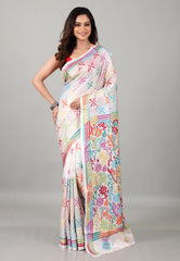 White Kantha Silk Saree With Blouse Piece - Adi Akshoy & Co.