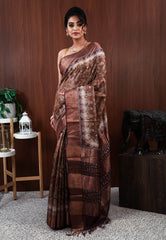 Brown Tussar Pure Silk Saree with Blouse Piece - Adi Akshoy & Co.