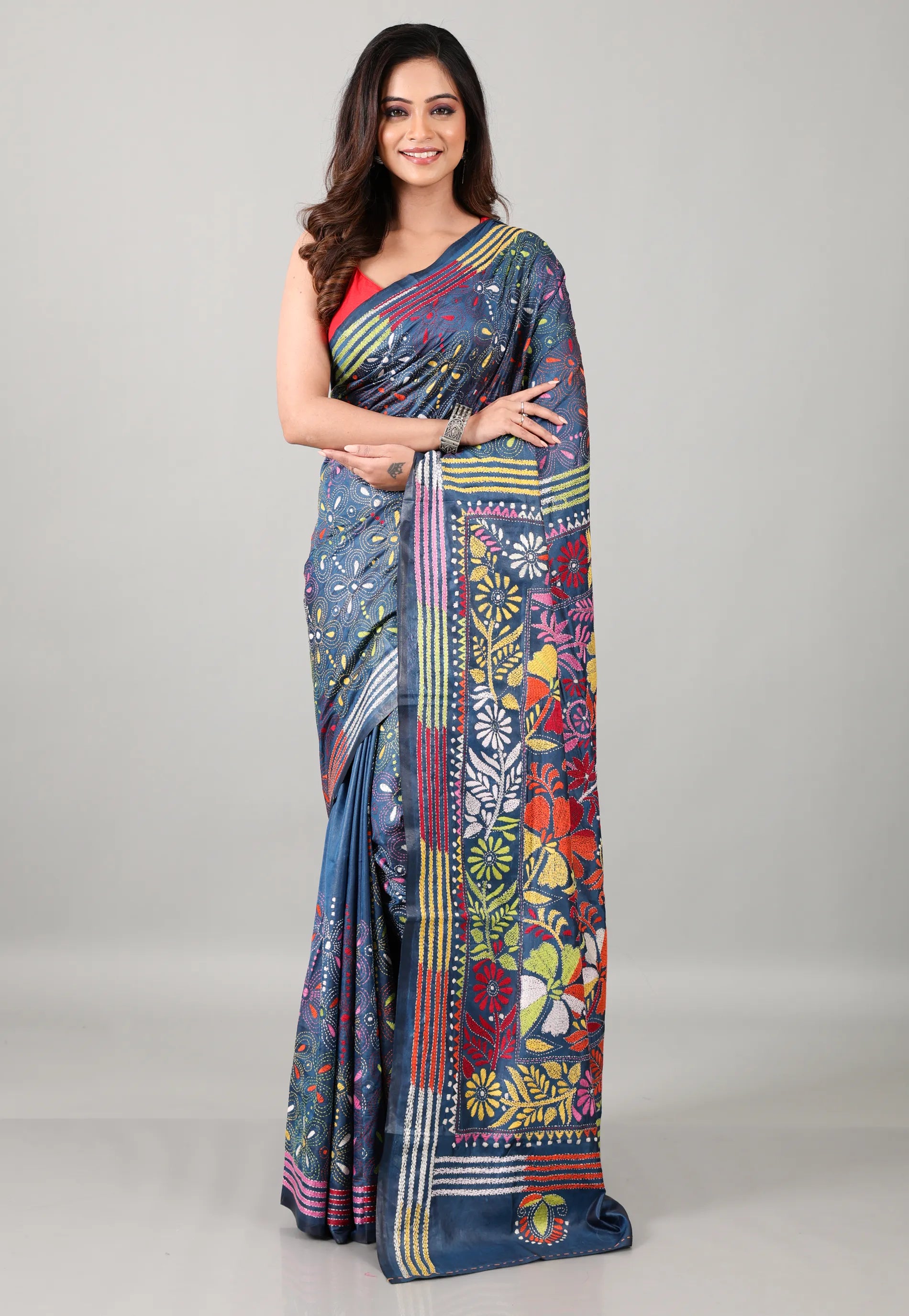 Steel Blue Kantha Silk Saree With Blouse Piece - Adi Akshoy & Co.