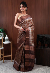Brown Tussar Pure Silk Saree with Blouse Piece - Adi Akshoy & Co.