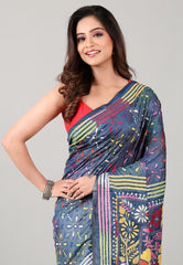 Steel Blue Kantha Silk Saree With Blouse Piece - Adi Akshoy & Co.