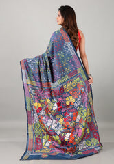 Steel Blue Kantha Silk Saree With Blouse Piece - Adi Akshoy & Co.