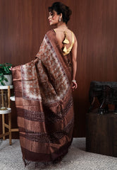 Brown Tussar Pure Silk Saree with Blouse Piece - Adi Akshoy & Co.