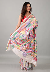 White Kantha Silk Saree With Blouse Piece - Adi Akshoy & Co.