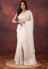 Off White Cotton Blended Kantha Saree with Blouse Piece - Adi Akshoy & Co.