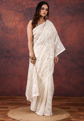 Off White Cotton Blended Kantha Saree with Blouse Piece - Adi Akshoy & Co.