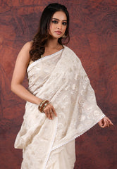 Off White Cotton Blended Kantha Saree with Blouse Piece - Adi Akshoy & Co.