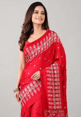 Red Mirror Work Modal Silk Saree With Blouse Piece - Adi Akshoy & Co.