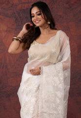 Off White Organza Kantha Saree with Blouse Piece - Adi Akshoy & Co.