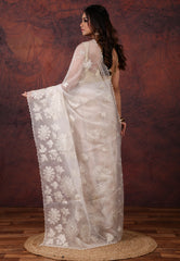 Off White Organza Kantha Saree with Blouse Piece - Adi Akshoy & Co.