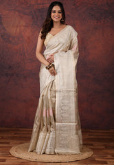 Golden Silver Colour Tissue Kantha Silk Saree With Blouse Piece - Adi Akshoy & Co.