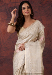 Golden Silver Colour Tissue Kantha Silk Saree With Blouse Piece - Adi Akshoy & Co.