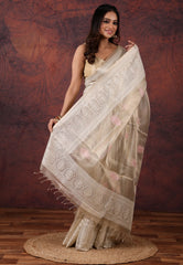 Golden Silver Colour Tissue Kantha Silk Saree With Blouse Piece - Adi Akshoy & Co.