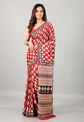 Red Pure Modal Work Silk Saree With Blouse Piece - Adi Akshoy & Co.