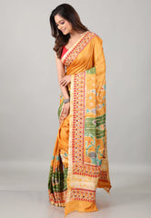 Yellow Pure Tussar Kantha Silk Saree With Blouse Piece - Adi Akshoy & Co.